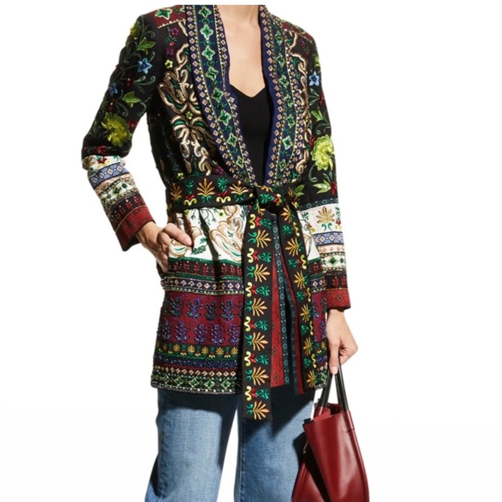 Alice + Olivia Wheaton Embroidered Belted Robe Jacket